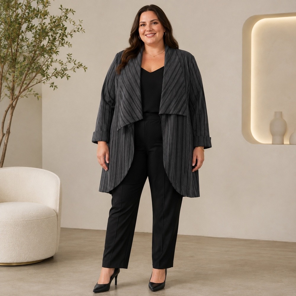 Ashley Stewart Waterfall Drape One Button Cardigan Jacket Size 18 Gray Stripe